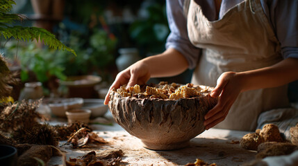 Editorial crafts shoot, ceramicist glazing bowl, earthy studio textures, slow craft narrative, with copy space