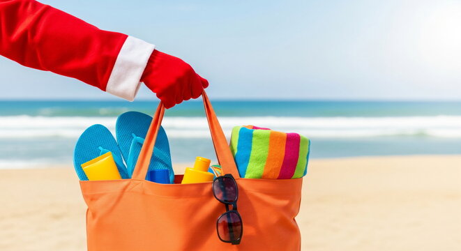 Santa hand holding beach bag with flip flops and other vacation items on a sandy beach by the ocean. Christmas holiday or summer travel concept. - Powered by Adobe