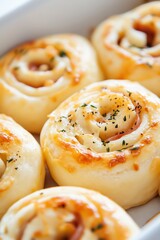 Freshly baked savory rolls filled with cheese and herbs, golden brown and fluffy, arranged in a white dish, showcasing delicious culinary craftsmanship and inviting aroma