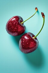 Two cherries covered with red glitter are placed on a vibrant turquoise background, showcasing their glossy texture and playful aesthetic, perfect for festive celebrations or creative designs