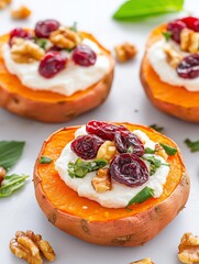 Roasted sweet potato rounds topped with creamy yogurt, walnuts, and cranberries, garnished with fresh herbs, creating a vibrant and appetizing dish perfect for healthy snacking