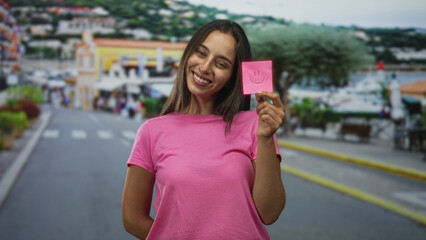 Woman holding pink sticky note with smiley face on street smiling and showing face while wearing a pink tshirt; joy positivity.