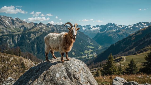A mountain goat standing on a large rock in a mountainous landscape with green valleys and snow-capped peaks in the background.