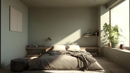 Sunlit modern bedroom interior featuring a minimalist design with a large window creating a bright and airy atmosphere for relaxation and comfort - Powered by Adobe