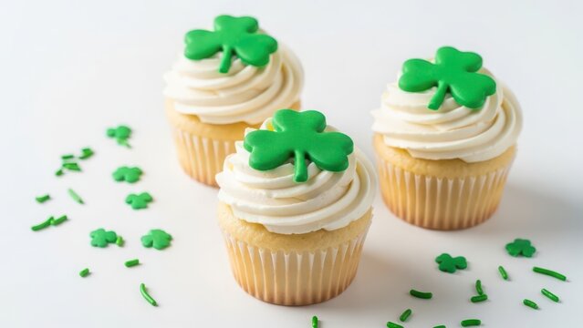 Three delicious vanilla cupcakes topped with creamy white frosting and decorated with green shamrock sprinkles, perfect for st. patrick's day celebrations and festive baking occasions.