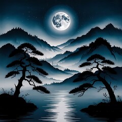Serene moonlit night over misty mountains and tranquil lake with pine trees moonlight