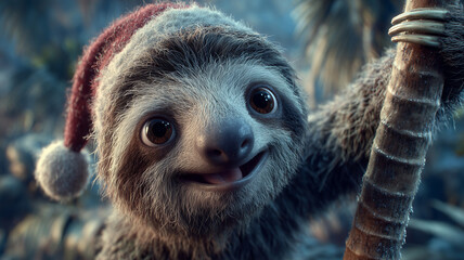 Obraz premium Cheerful sloth in a Christmas hat climbing a tree in a festive forest