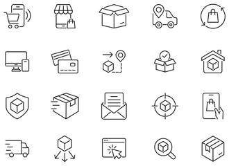 Collation of Delivery line icon set. Parcel delivery symbols, shipping, courier, parcel protection, order tracking and more. Supply chain management symbols. Vector illustration. 