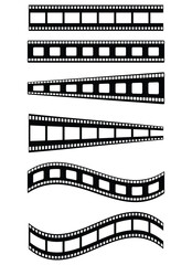 Collation of vintage film strip icon flat vector. Motion picture frame, old movie reel, retro cinema border,  photography film template and more. Silhouette of realistic film strip vector illustration