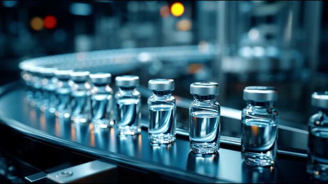 Advanced pharma conveyor system transporting vaccine vials in sterile lab environment, highlighting cutting-edge technology, precision handling, and safety in medical manufacturing workflows.