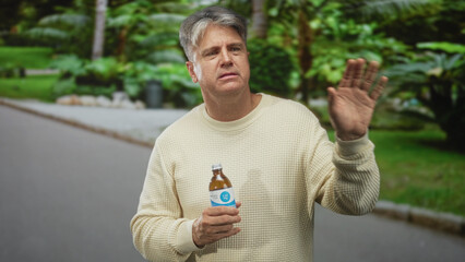 Middle aged man holding bottle points finger on street beside park path while inspecting a label and squinting; uncertainty inspection.