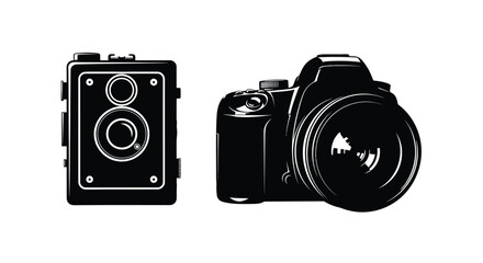 Vintage twin lens and modern dslr cameras displayed in a black and white style