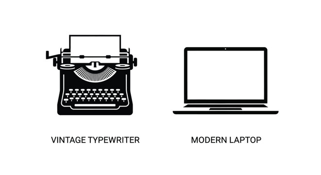 A comparison of vintage typewriter and modern laptop illustration in black and white