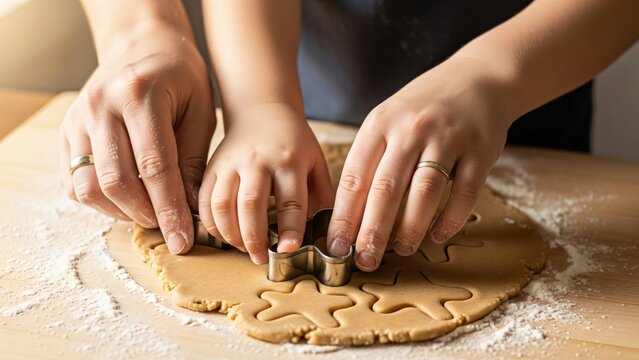 Close-up of adult and child hands pressing star-shaped cookie cutters into gingerbread dough on a floured wooden surface, illustrating a heartwarming family baking activity