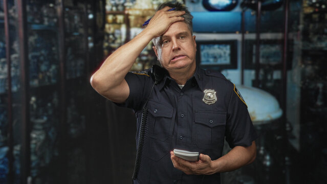 Man police officer, middle age with grey hair, holding notepad and radio handset, hand on forehead gesture in building corridor; stress duty.