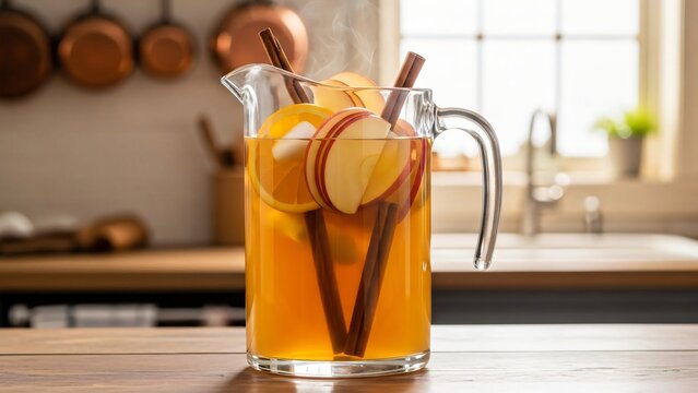 Steaming hot mulled apple cider in a glass pitcher with apple slices orange and cinnamon sticks - Powered by Adobe