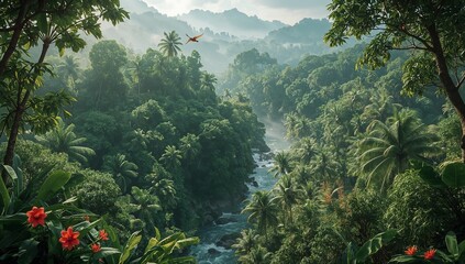 Fototapeta premium Ultra-realistic tropical rainforest with lush greenery, clear river, exotic flowers, and sunlight filtering through dense foliage.