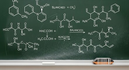 Chemical formulas on a chalkboard representing scientific equations and concepts