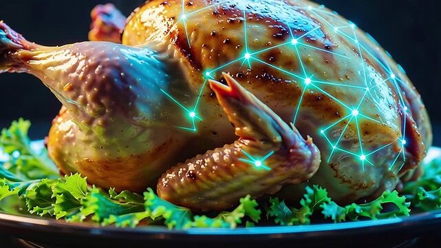 Close-up of a perfectly roasted golden-brown chicken adorned with a futuristic blue network. Symbolizes data-driven food safety, quality, and supply chain management.