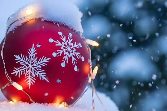 Close up of a red snowflake decorated christmas ornament with warm string lights and falling snow against a blurred evergreen tree background