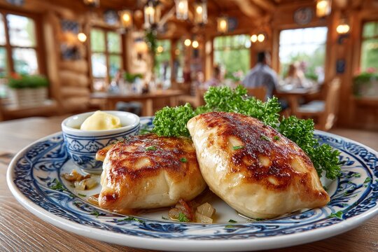 Delicioso plato en un restaurante con empanadas doradas y guarnición fresca al atardecer
