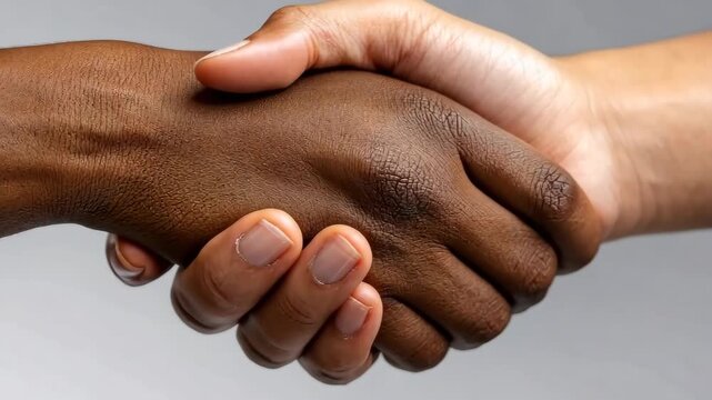 Handshake between diverse individuals symbolizes unity and cooperation in modern society