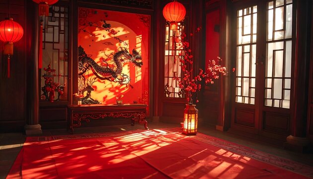 A traditional interior is bathed in warm red light, adorned with lanterns and floral arrangements; a large display features a detailed dragon