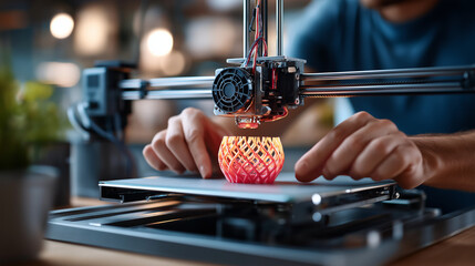 Startup lab shoot, 3D printer in action, prototype on tray, creator’s hands, innovation moment, with copy space