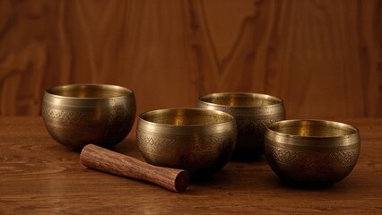 Four brass singing bowls with intricate patterns and a wooden striker on a wooden surface.