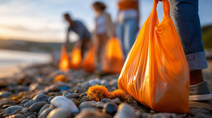 Volunteer beach cleanup shoot, bags and community teamwork, ocean horizon hope, sustainability theme, with copy space