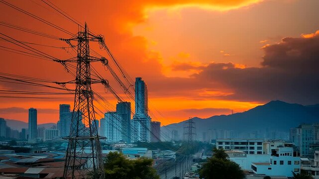 Heatwaves causing urban blackouts, sweating residents in powerless cities, climate extremes amplified, red hot atmospheres with failing grids, dramatic city crisis, blurred backgro