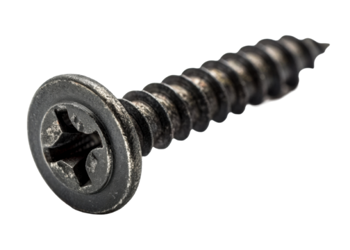 Close up industrial dark screw with textured thread and cross head for fastening and construction projects, showcasing rough metal surface detail.