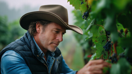 Sunrise vineyard shoot, farmer inspecting grapes, misty rows, terroir story, refined rustic, with copy space