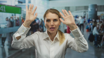 Woman gesturing indoors at bustling airport wearing white shirt, surrounded by blurred crowd, possibly calling out, evoking busy travel scene, conveying urgency and connection.