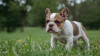 Fototapeta premium A cute French Bulldog puppy standing on green grass outdoors with trees in the background.