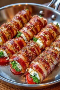 Deliciosos rollitos de tocino rellenos en una cocina acogedora con estufa a gas