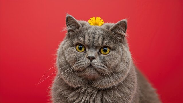 Gray cat with a yellow flower on its head against a red background.