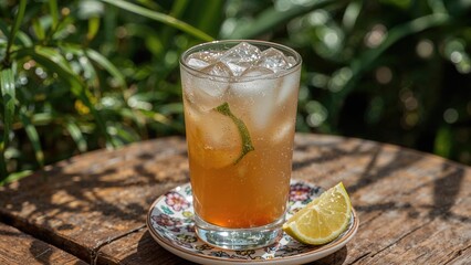 A glass of iced beverage with lemon and lime slices on a plate with a lemon wedge, placed on a wooden surface with greenery in the background.