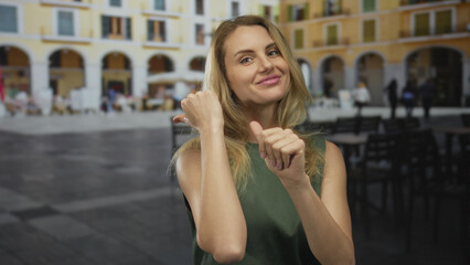 Woman smiling pointing thumbs backward in a lively city street, wearing green sleeveless top, with vibrant background of outdoor cafes and european architecture.