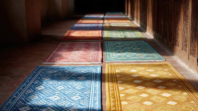 Vibrant and Colorful Area Rugs in Middle Eastern Architecture with Natural Light and Shadows 4k video footage