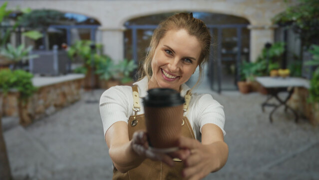 Woman smiling in an apron outdoors offering a coffee cup on a sunny city street with tables in the background, surrounded by greenery and stone buildings.