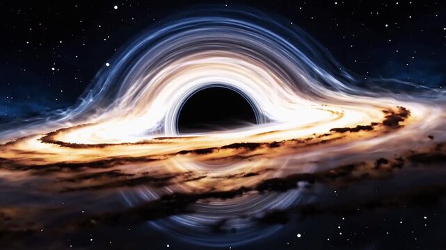 A detailed rendering of a supermassive black hole, showcasing the powerful gravitational forces and glowing matter spiraling into its event horizon amidst cosmic dust and stars.
