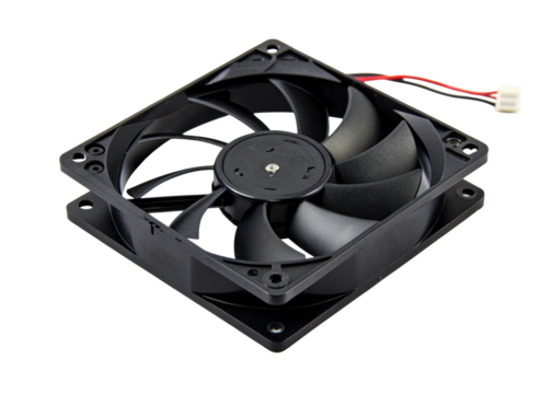 Black computer cooling fan with visible blades and power cord connector, essential for PC hardware thermal management and system performance enhancement.