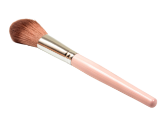 Soft pink makeup brush with silver ferrule and fluffy brown bristles angled on a white surface, ideal for cosmetic application and beauty routines