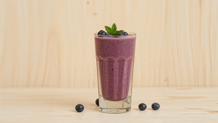 A glass of blueberry smoothie with fresh blueberries on a wooden surface and background. Healthy drink, fruit, and beverage concept.