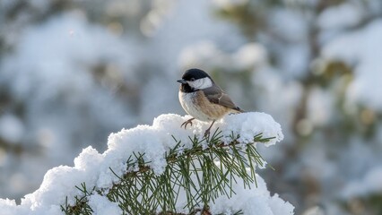 A small bird perched on snow-covered pine branch in winter