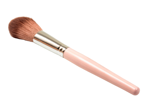 Soft pink makeup brush with silver ferrule and fluffy brown bristles angled on a white surface, ideal for cosmetic application and beauty routines