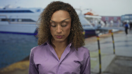 Transgender hispanic woman extends both hands with open palms toward camera on street pier near...