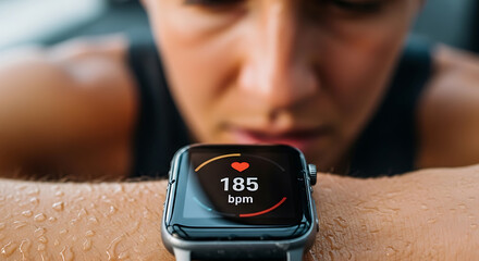 Fitness Focus Sweaty Athlete Checking Heart Rate on Smartwatch