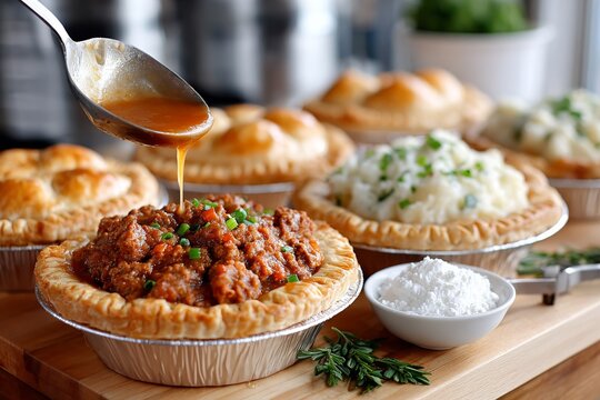 Rellenando una tarta de carne caliente con guiso de res y ceboll&iacute;n fresco en un entorno acogedor